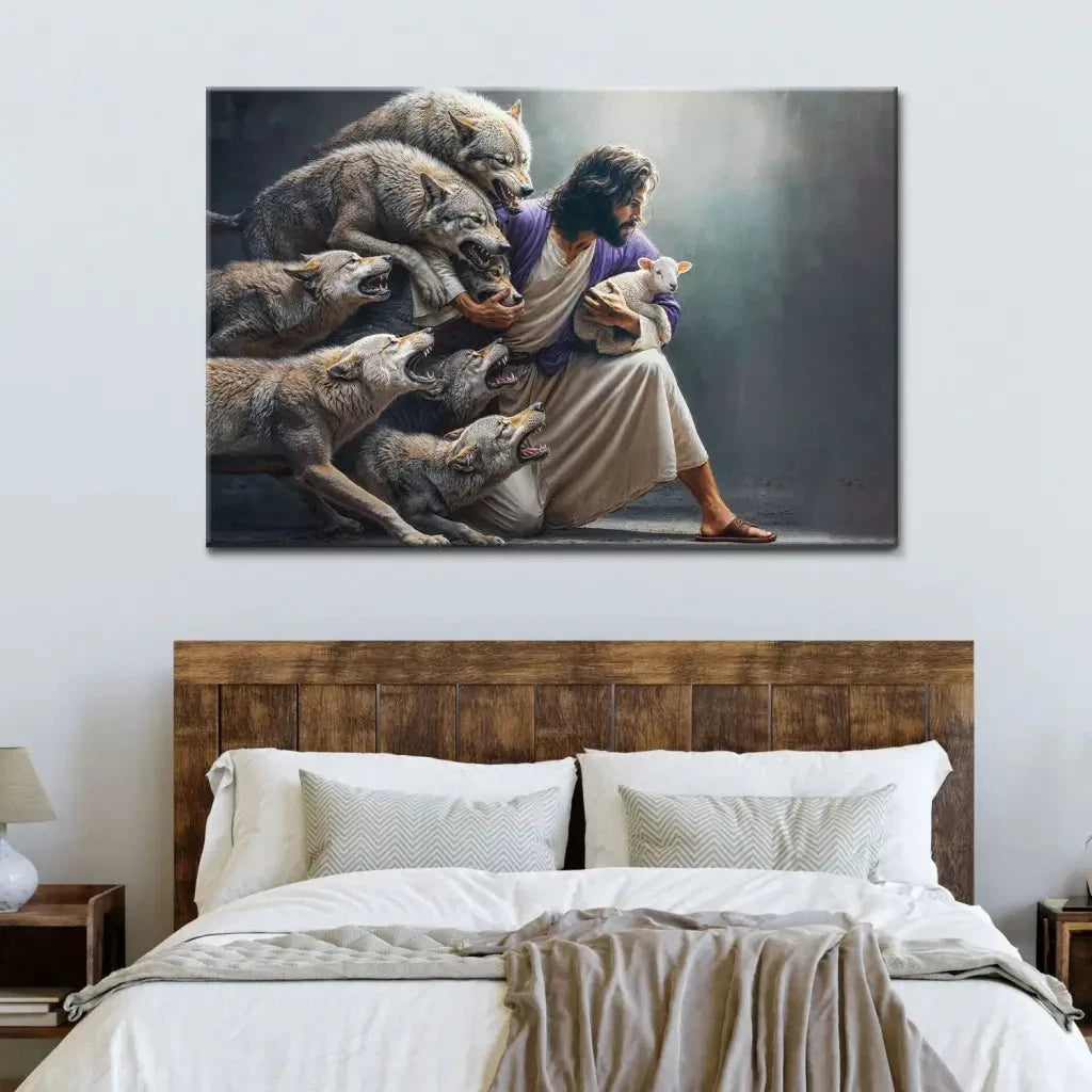 jesus protects the lamb from wolves wall art canvas (Landscape) (view 6)