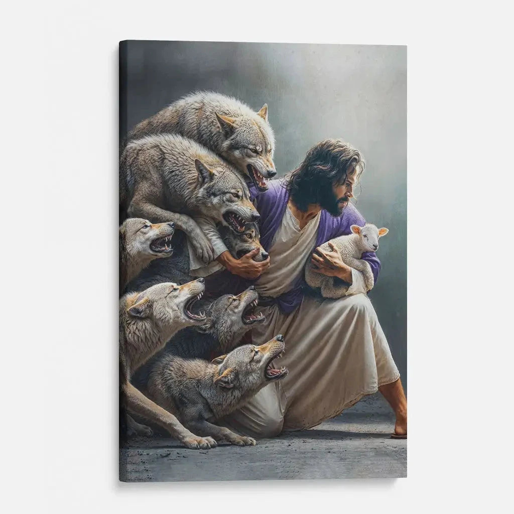 jesus protects the lamb from wolves wall art canvas (Landscape) (view 7)