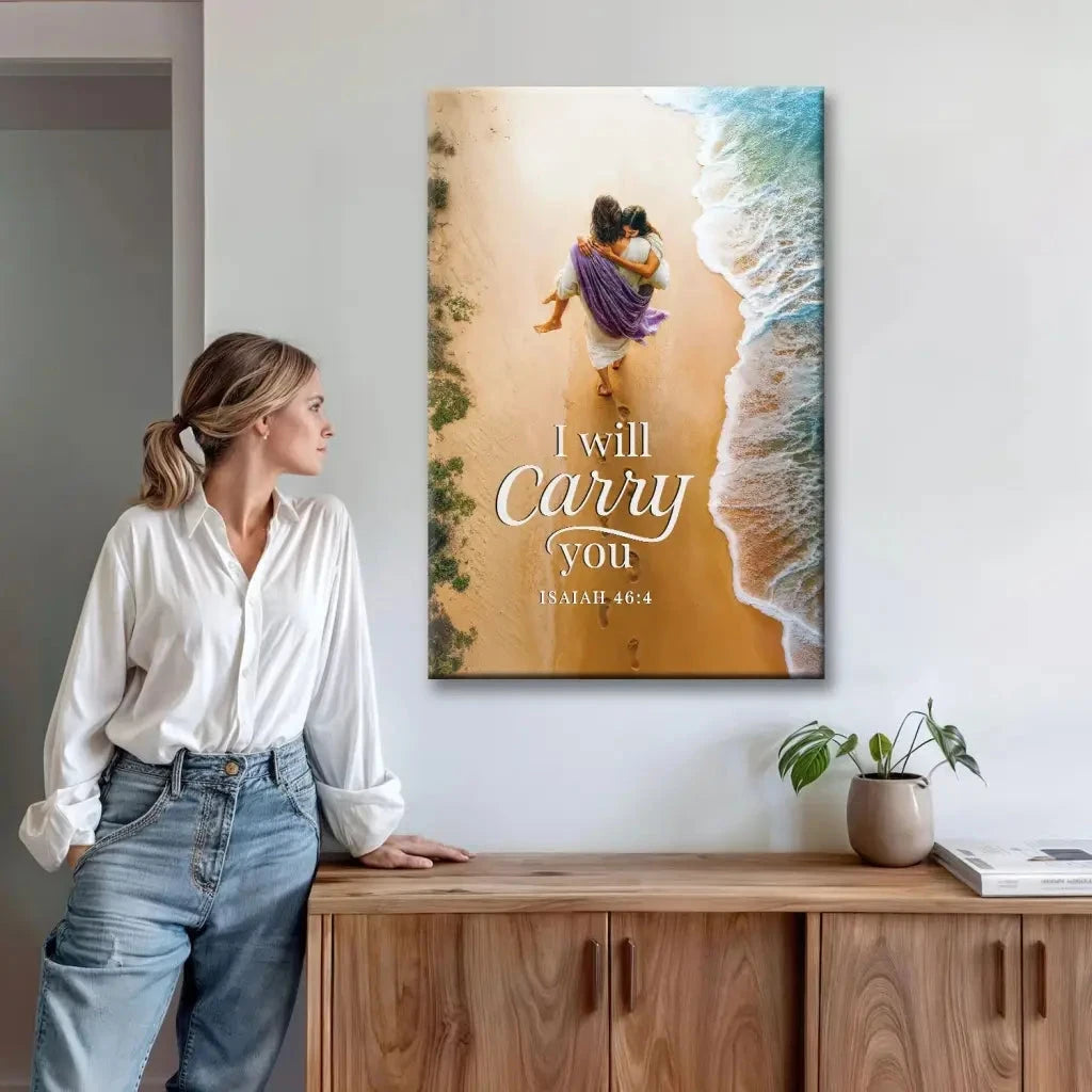 i will carry you jesus carrying a woman isaiah 46 4 christian canvas wall art (view 6)