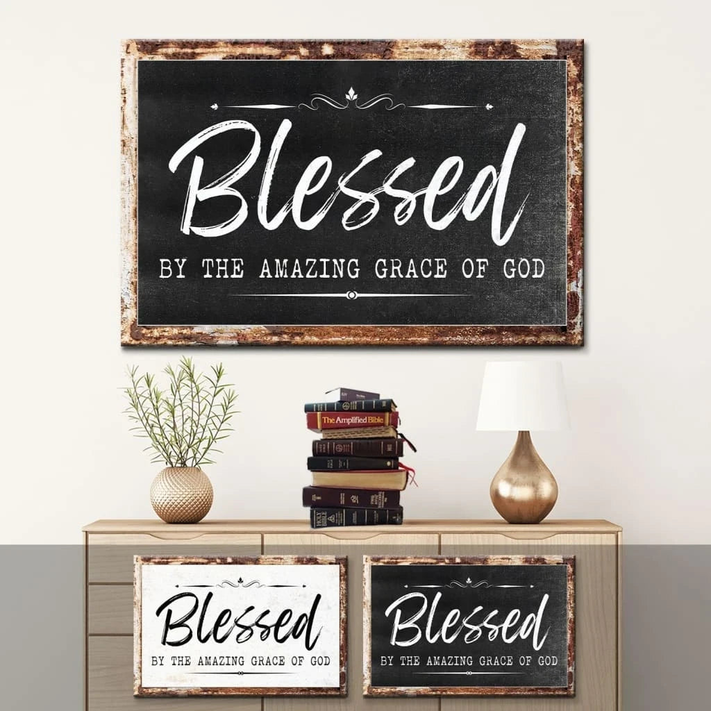 christian wall art rustic blessed by the amazing grace of god canvas print (Landscape) (view 3)
