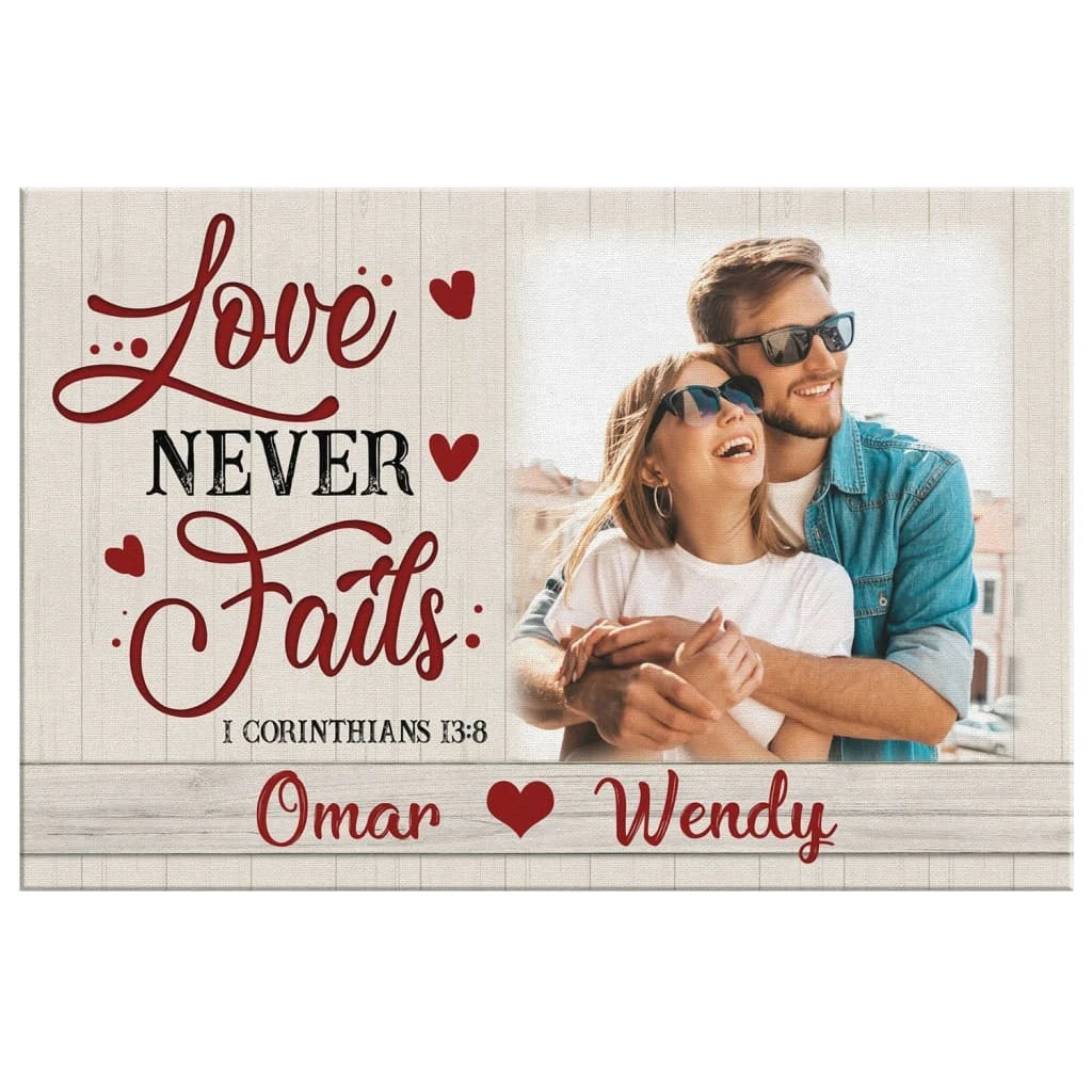 personalized love never fails christian wall art canvas with custom photo and names (Landscape) (view 3)