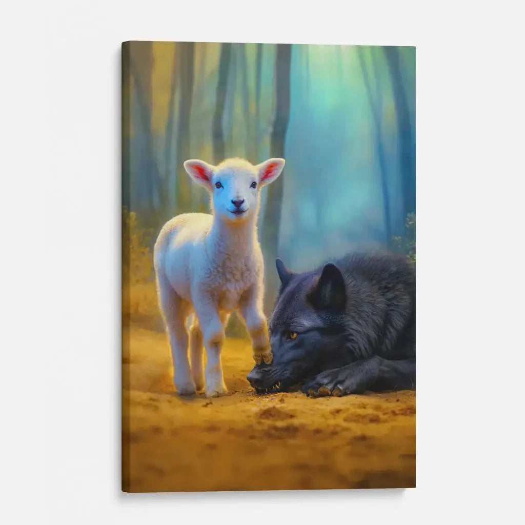 lamb stepping on wolf christian wall art canvas (view 5)