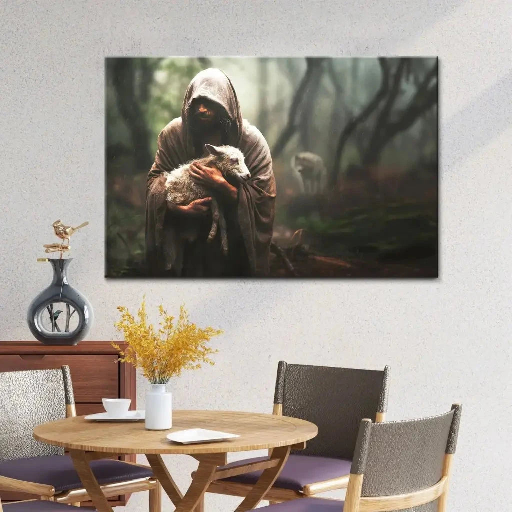 jesus carrying lost sheep wall art canvas (Landscape) (view 9)