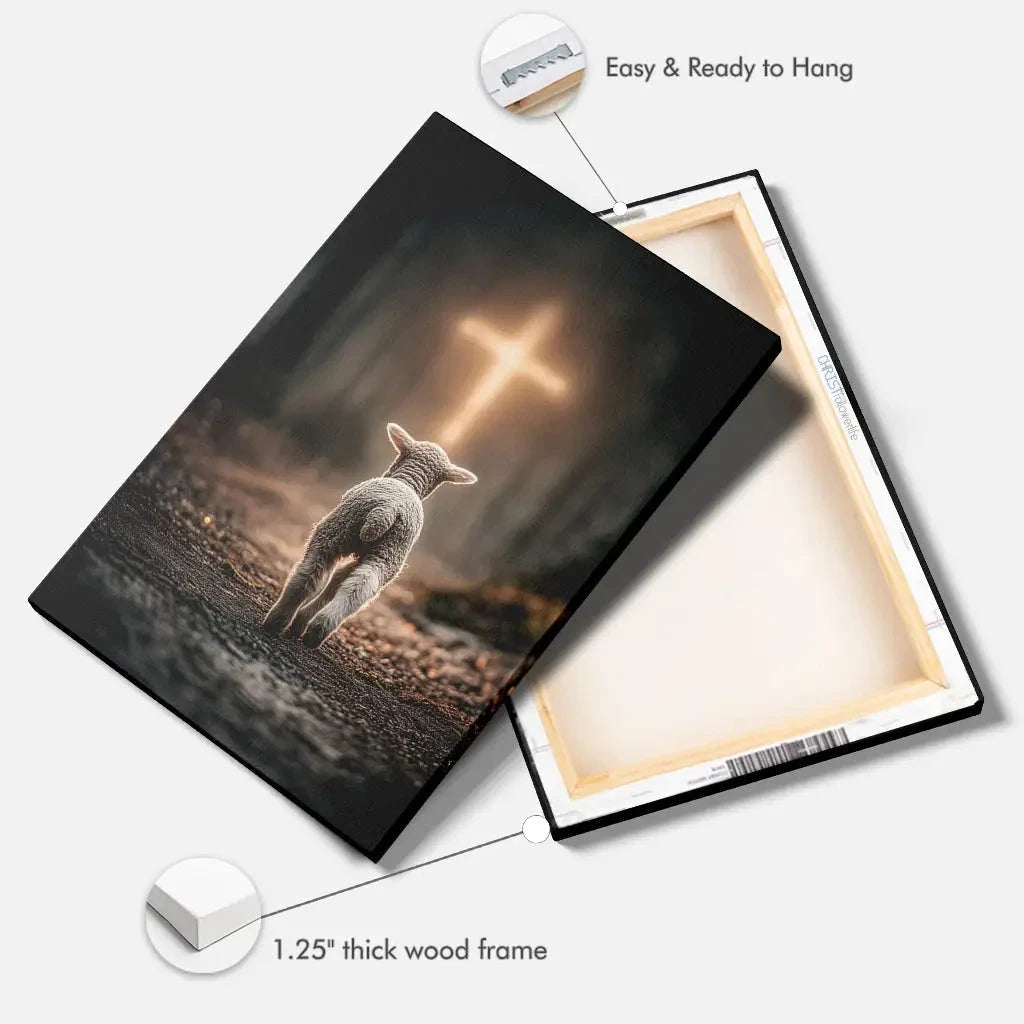 lamb walking toward the glowing cross christian wall art canvas (view 4)