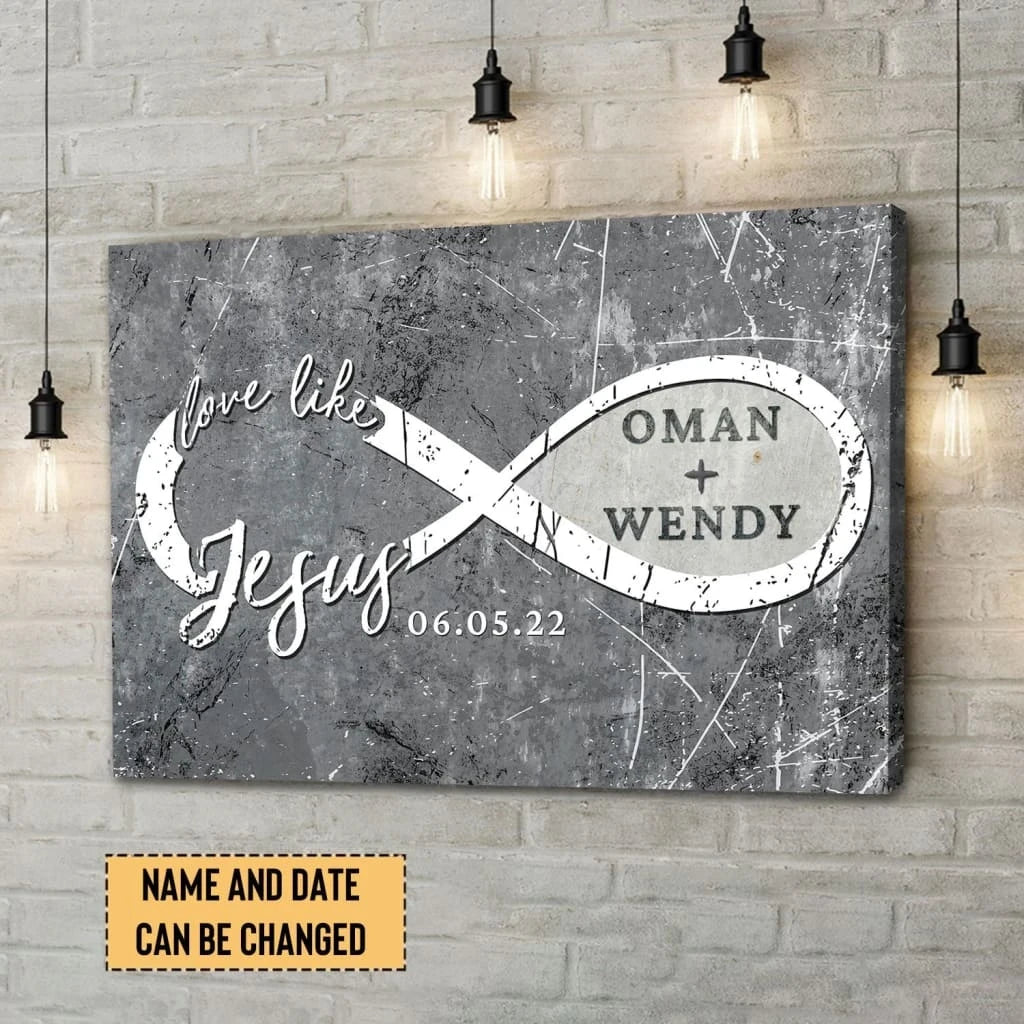 personalized love like jesus wall art canvas print with custom names and date (Landscape) (view 4)