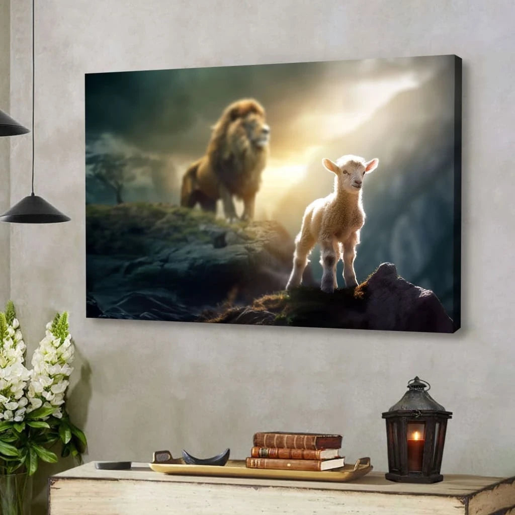 lamb is bold because lion is near christian wall art canvas (Landscape) (view 4)
