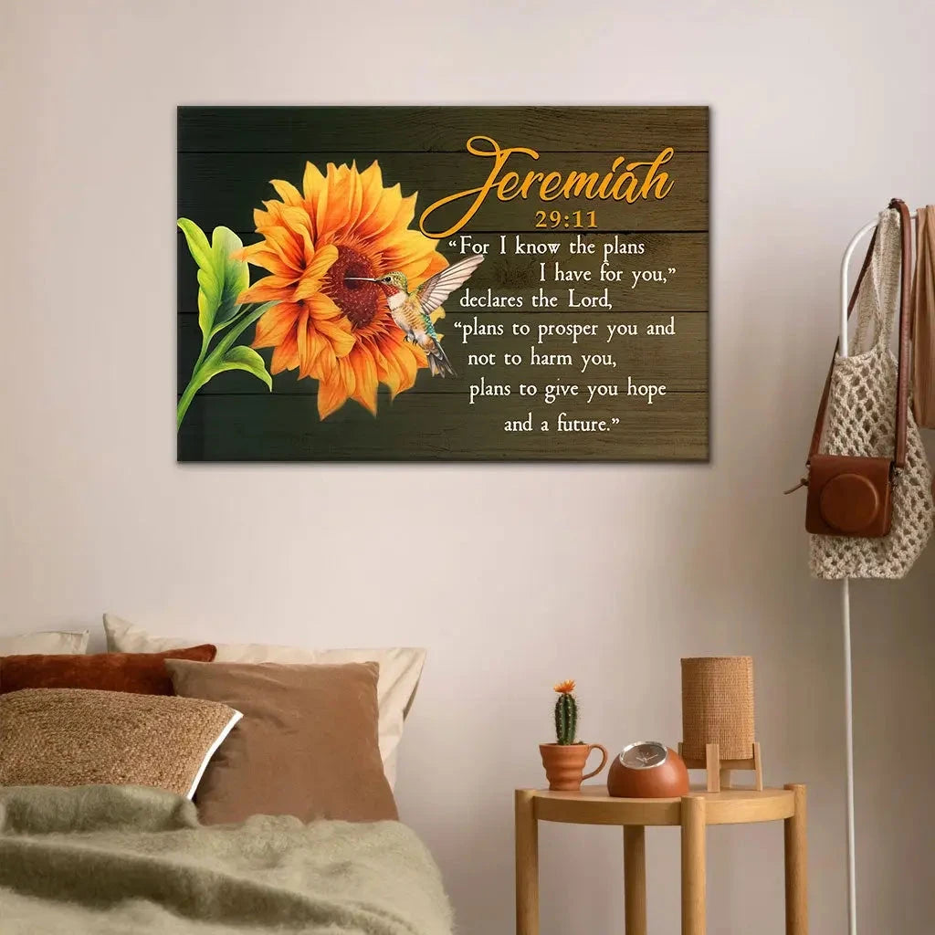 jeremiah 29 11 for i know the plans i have for you hummingbird sunflower wall art canvas (Landscape) (view 5)