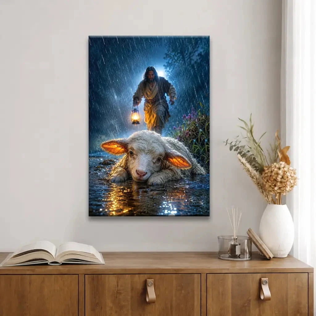 jesus rescues the lost lamb in the storm christian wall art canvas (view 7)
