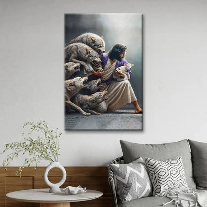 jesus protects the lamb from wolves wall art canvas (Landscape) (view 8)