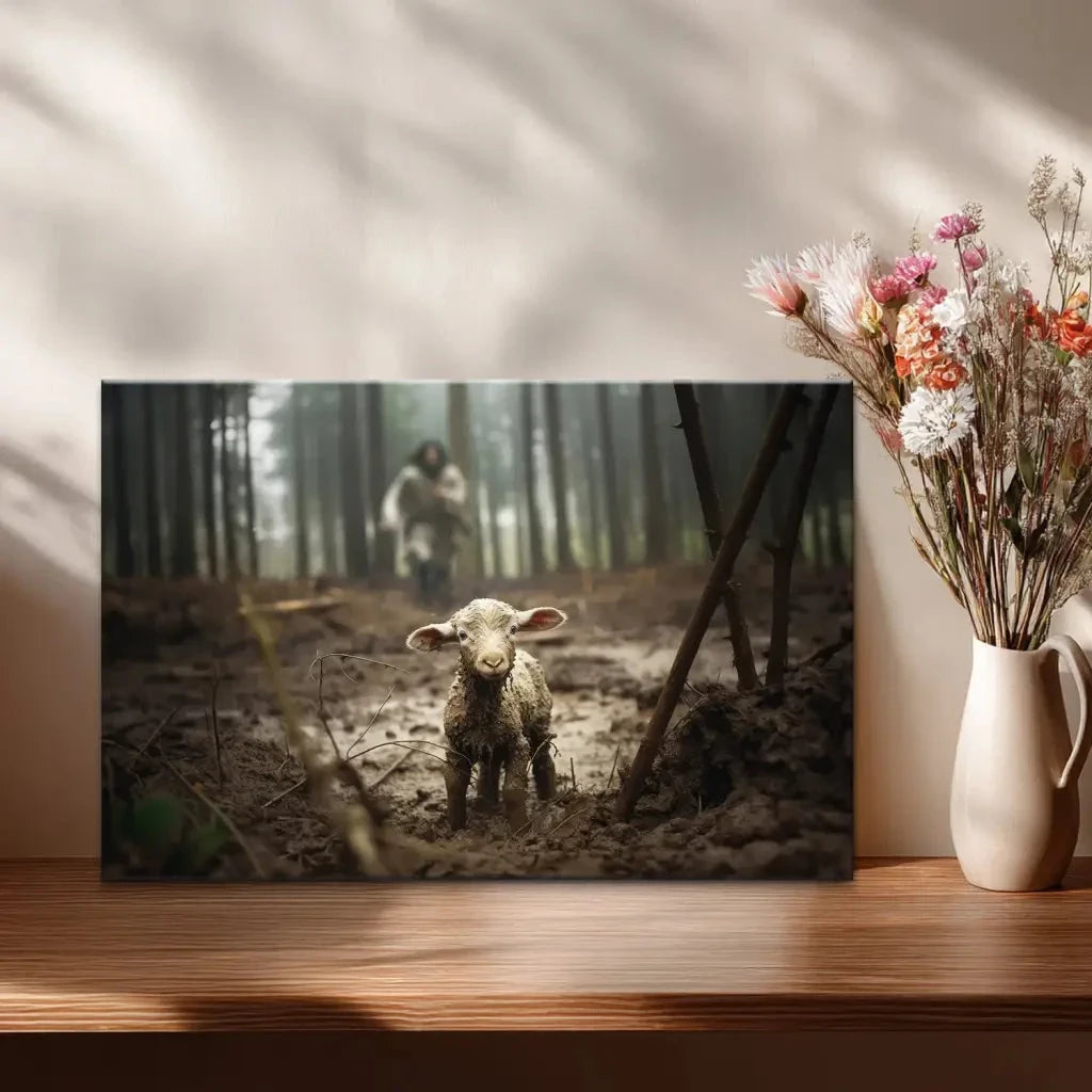 jesus running after a lost lamb jesus and lamb picture wall art canvas (Landscape) (view 3)