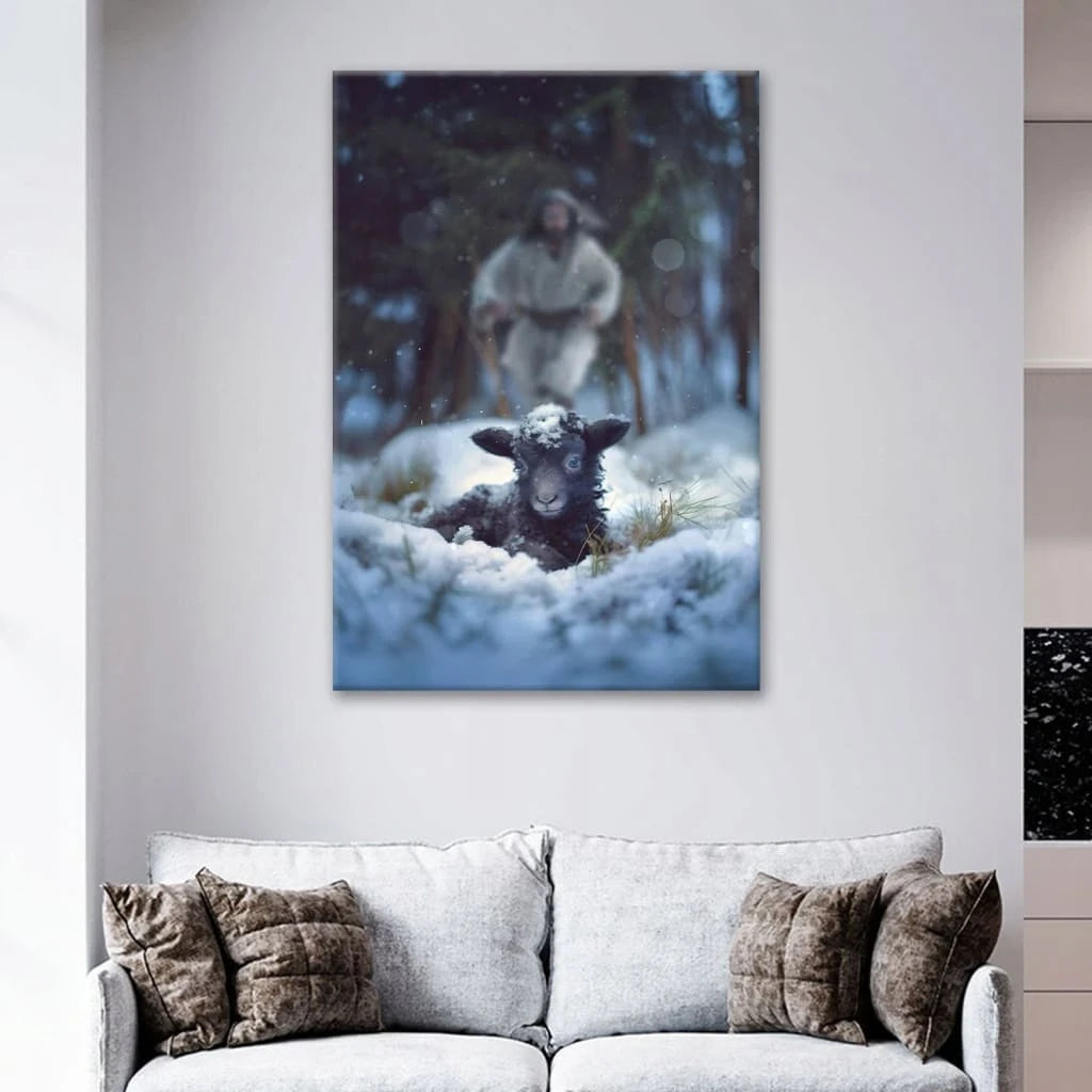 jesus running to rescue a lost sheep in a snowy forest wall art canvas (Landscape) (view 7)