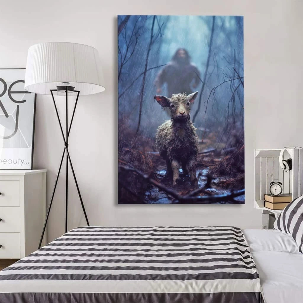 christian canvas print jesus running toward a lost lamb in a dark rainy forest wall art (Landscape) (view 4)