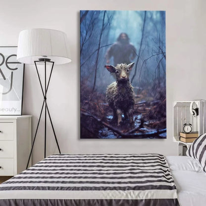 christian canvas print jesus running toward a lost lamb in a dark rainy forest wall art (Landscape) (view 4)