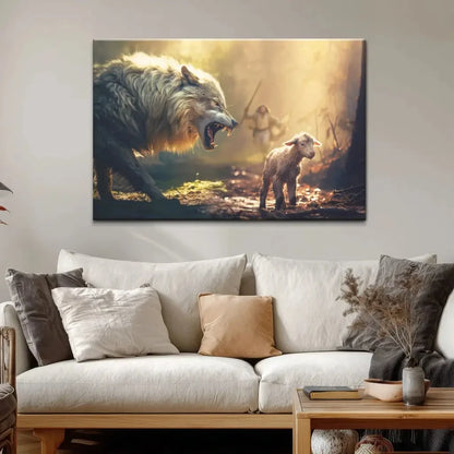 jesus running towards wolf and lamb christian wall art canvas (Landscape) (view 5)