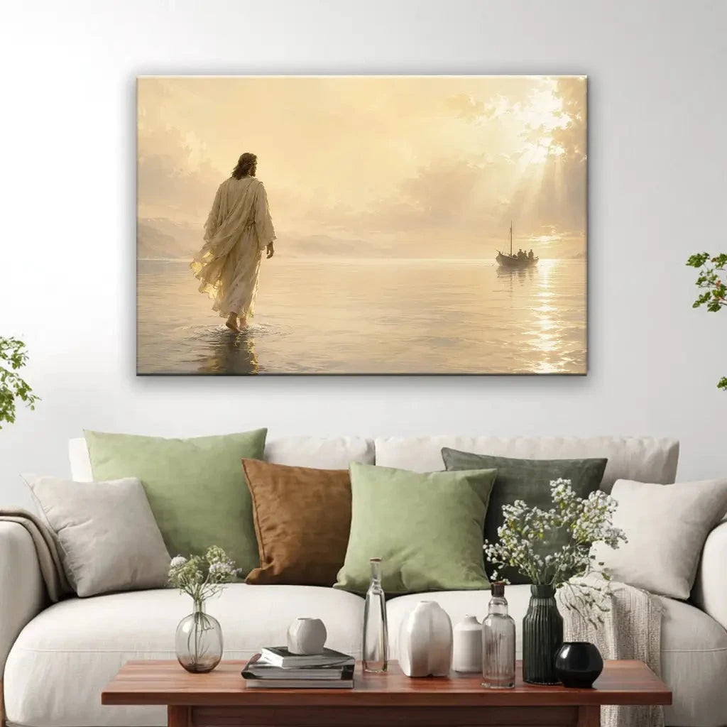 jesus walking on water matthew 14 christian wall art canvas (Landscape) (view 10)