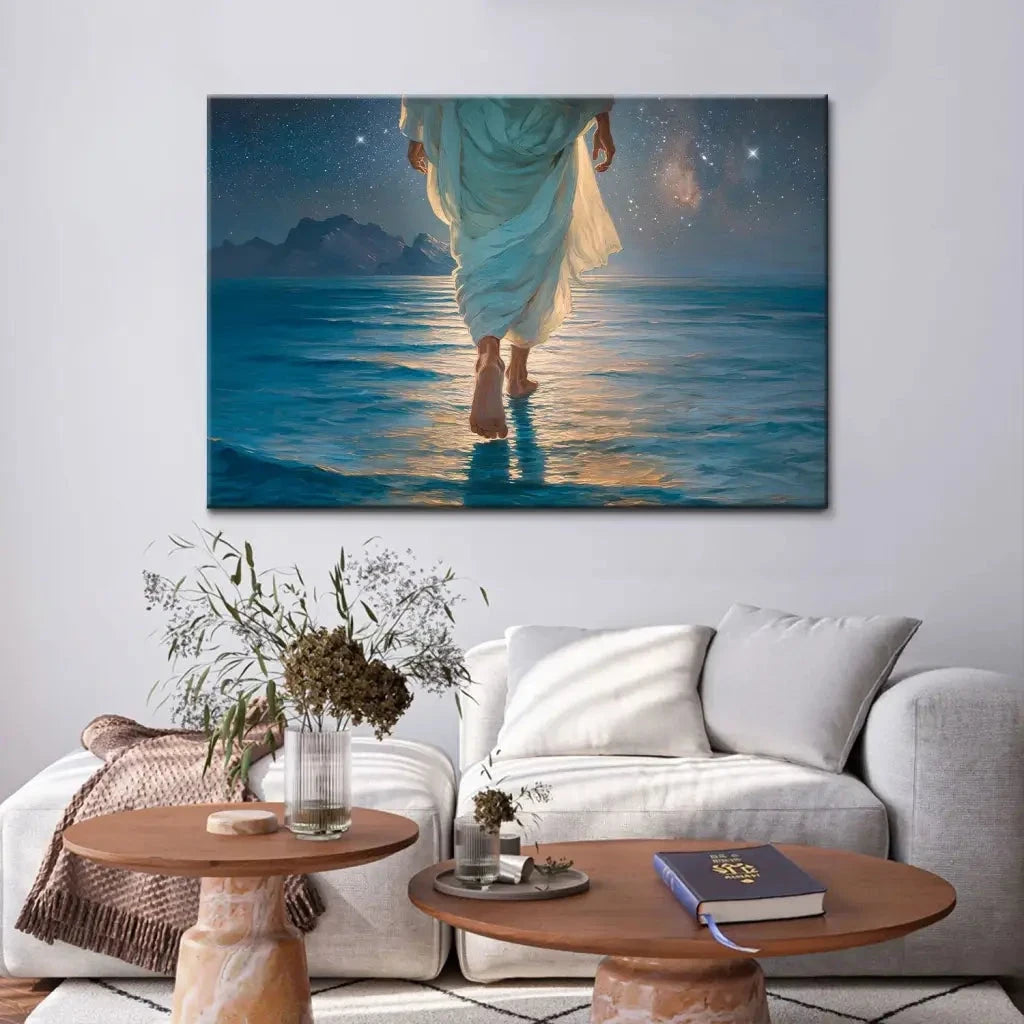 jesus walking on water christian wall art canvas calm sea glowing night sky (Landscape) (view 4)
