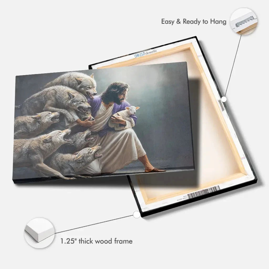 jesus protects the lamb from wolves wall art canvas (Landscape) (view 11)