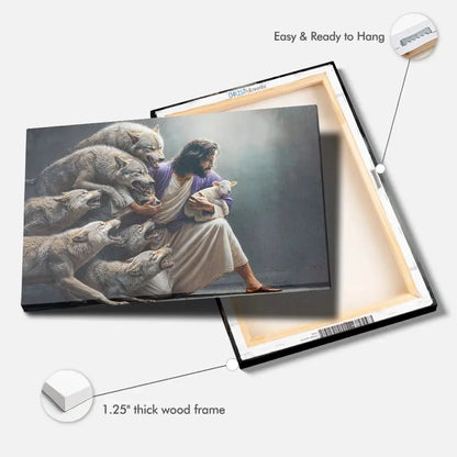 jesus protects the lamb from wolves wall art canvas (Landscape) (view 11)