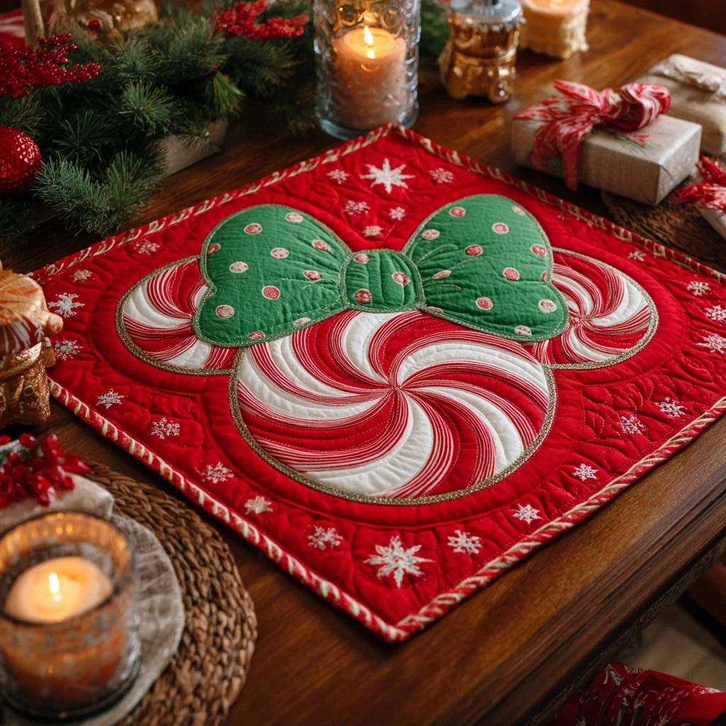 Jolly Peppermint Bow Quilted Table Topper