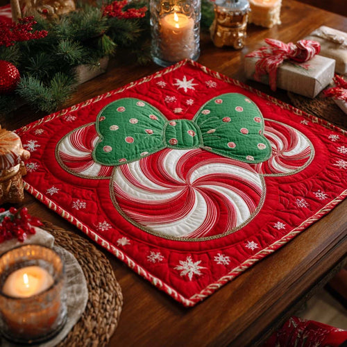 Jolly Peppermint Bow Quilted Table Topper