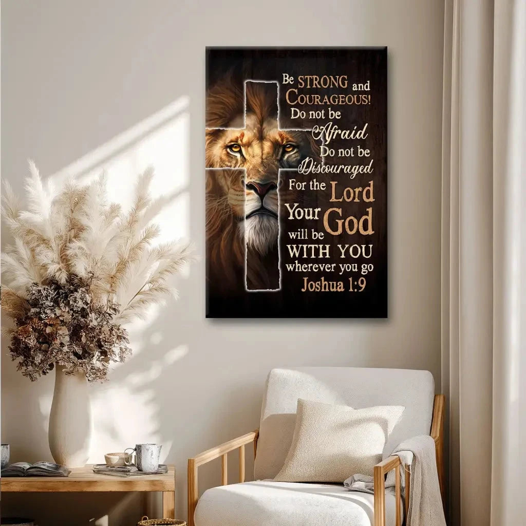 lion of judah joshua 1 9 be strong and courageous christian wall art canvas print (view 4)