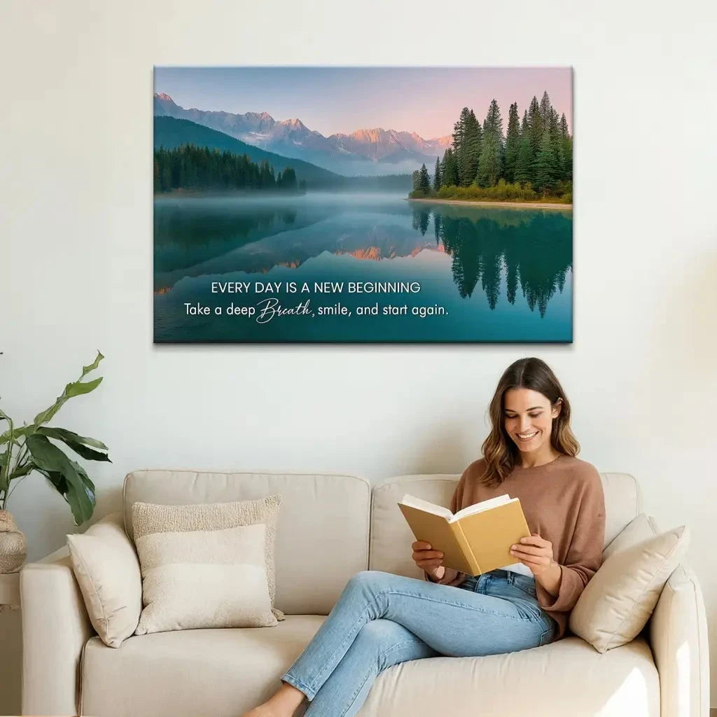 every day is a new beginning serene mountain lake christian wall art canvas (Landscape) (view 2)