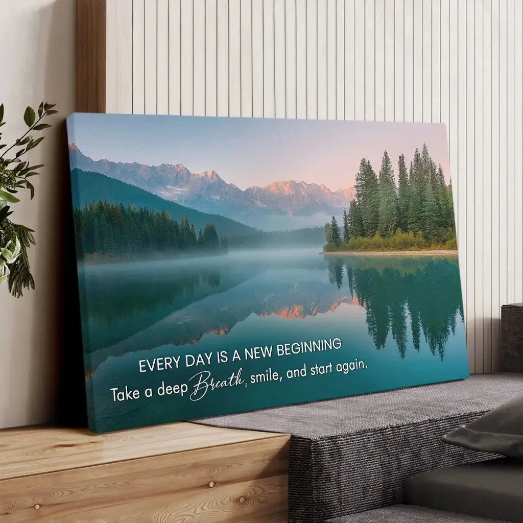 every day is a new beginning serene mountain lake christian wall art canvas (Landscape) (view 4)