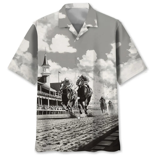 Kentuckey Derby Black and White Art Hawaiian Shirt - S - hawaiian shirt