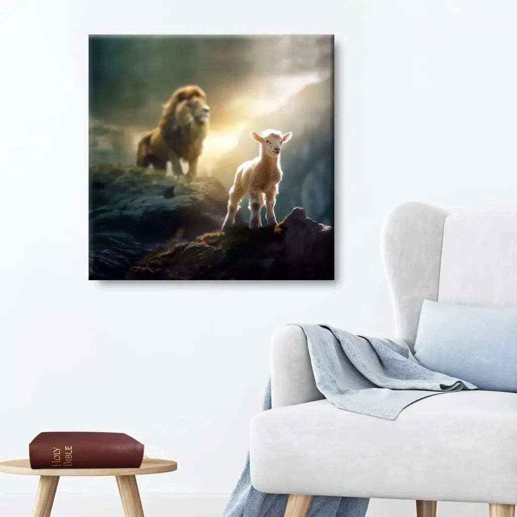 lamb is bold because lion is near christian wall art canvas (Landscape) (view 5)