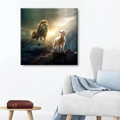 lamb is bold because lion is near christian wall art canvas (Landscape) (view 5)