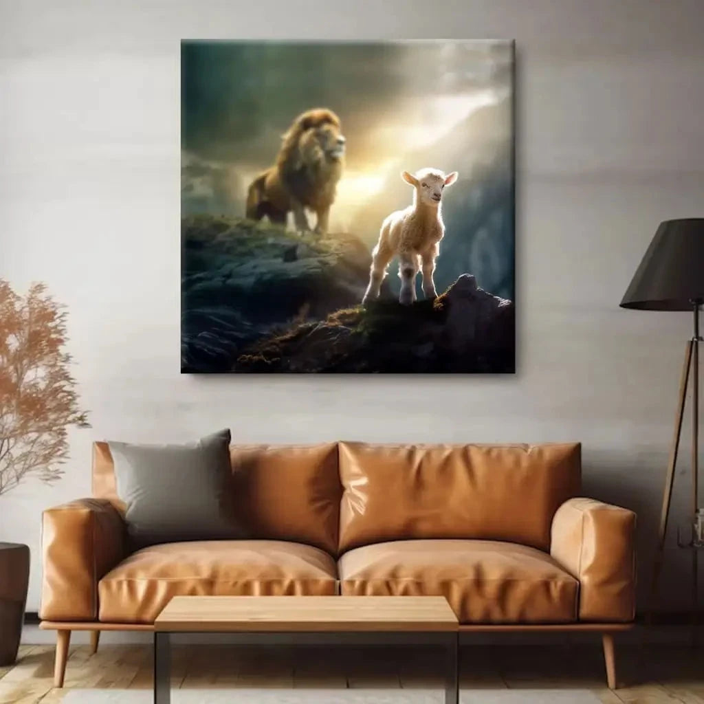 lamb is bold because lion is near christian wall art canvas (Landscape) (view 7)