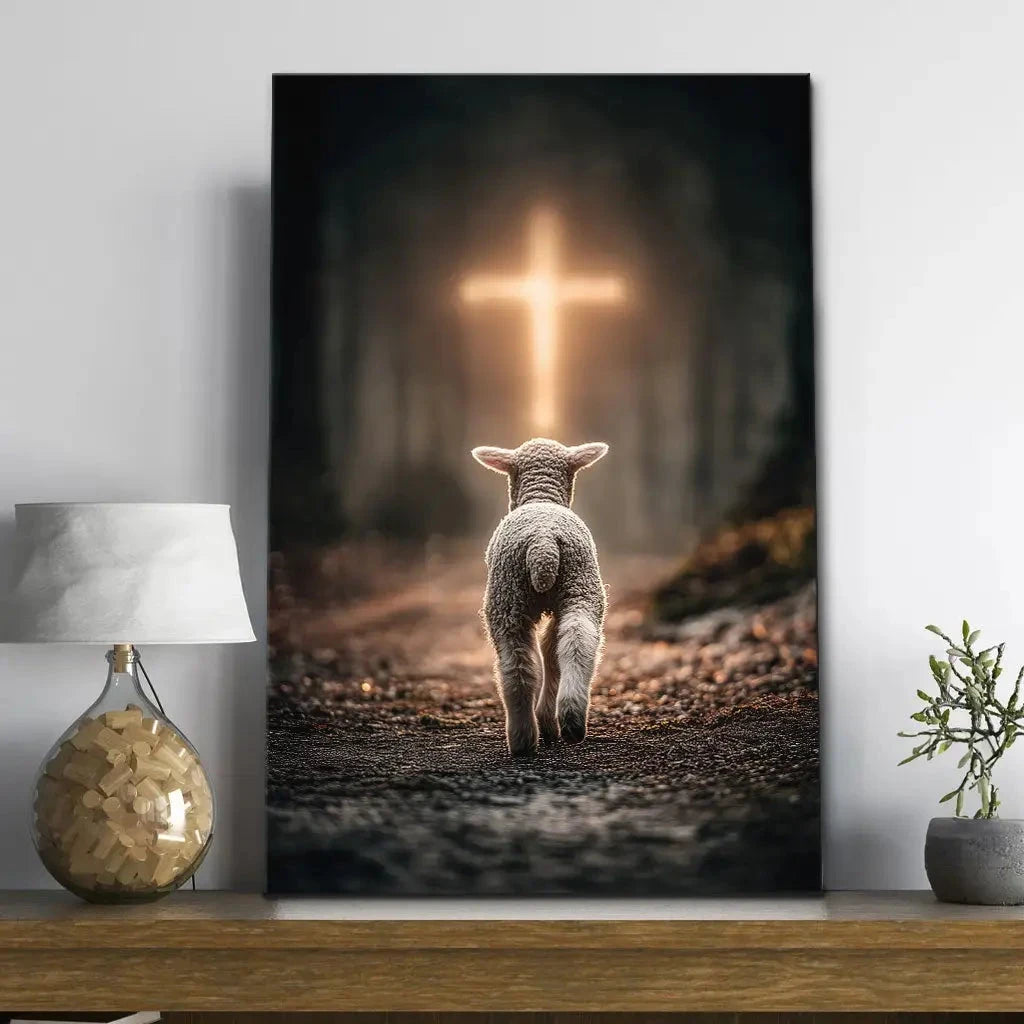 lamb walking toward the glowing cross christian wall art canvas (view 5)