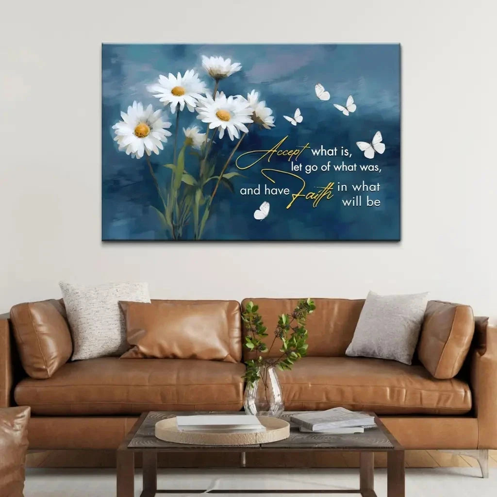 accept what is let go of what was daisies and butterflies christian wall art canvas (Landscape) (view 6)