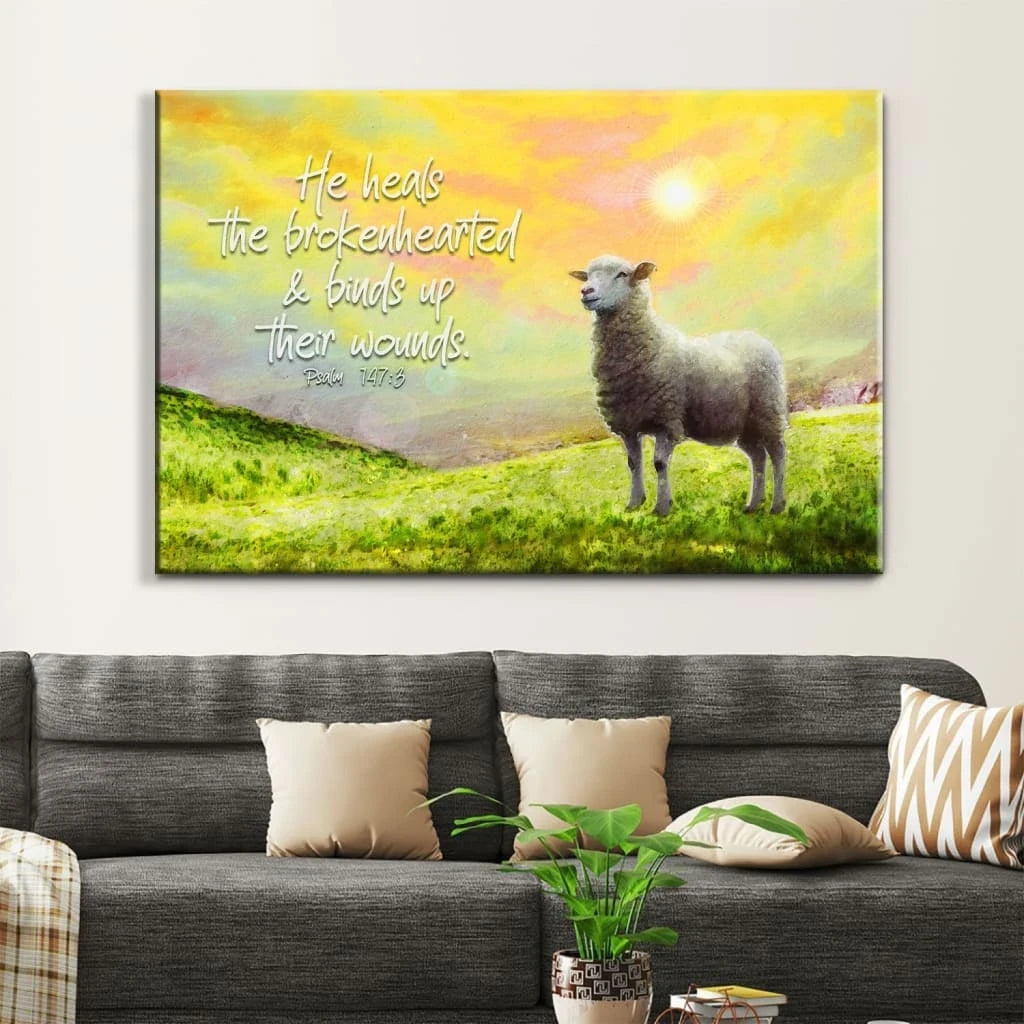 psalm 147 3 he heals the brokenhearted sheep christian wall art canvas (Landscape) (view 4)