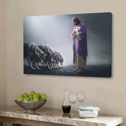 jesus holds a lamb as wolves bow down christian wall art canvas (view 11)