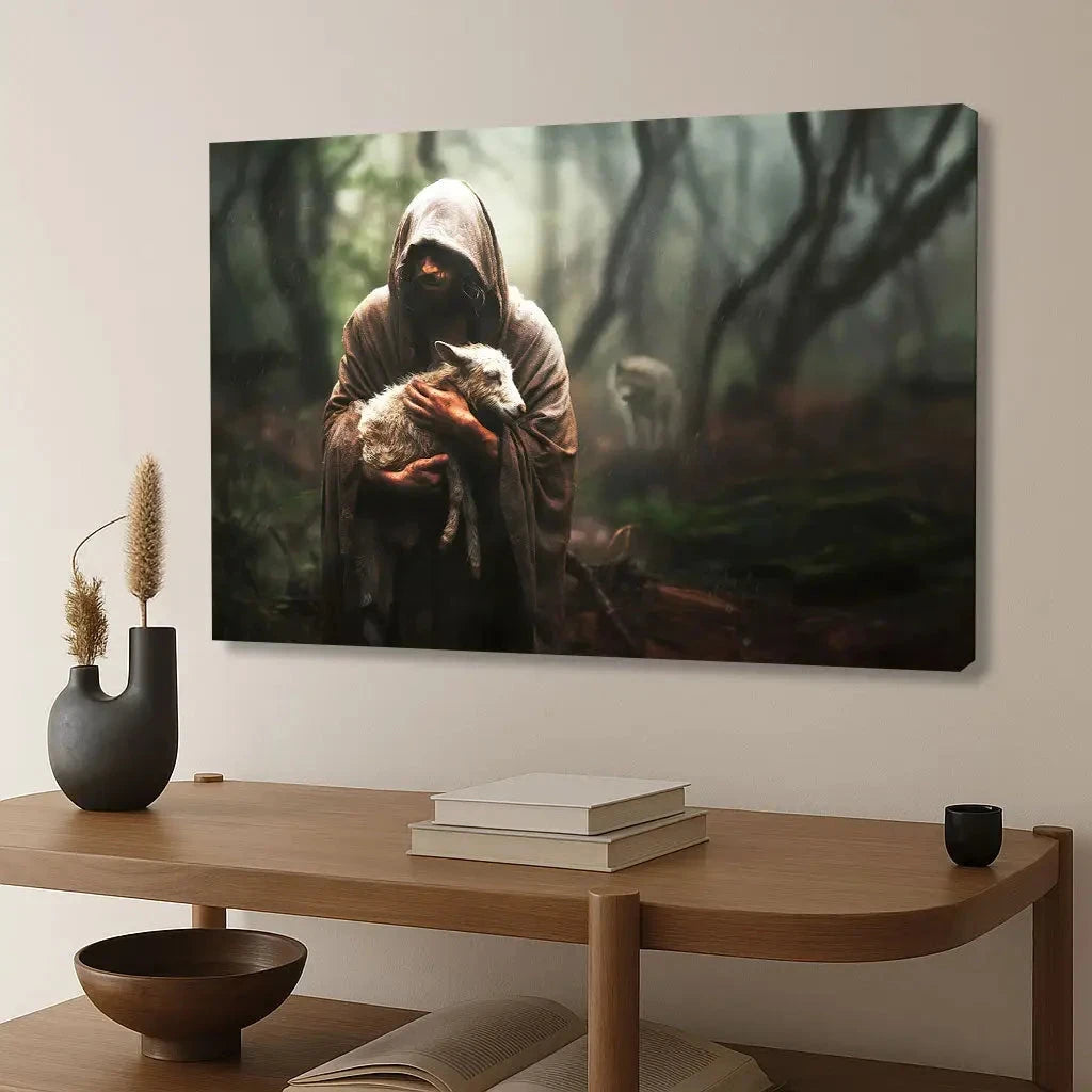 jesus carrying lost sheep wall art canvas (Landscape) (view 11)