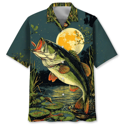 Largemouth Bass Moon Light Hawaiian Shirt