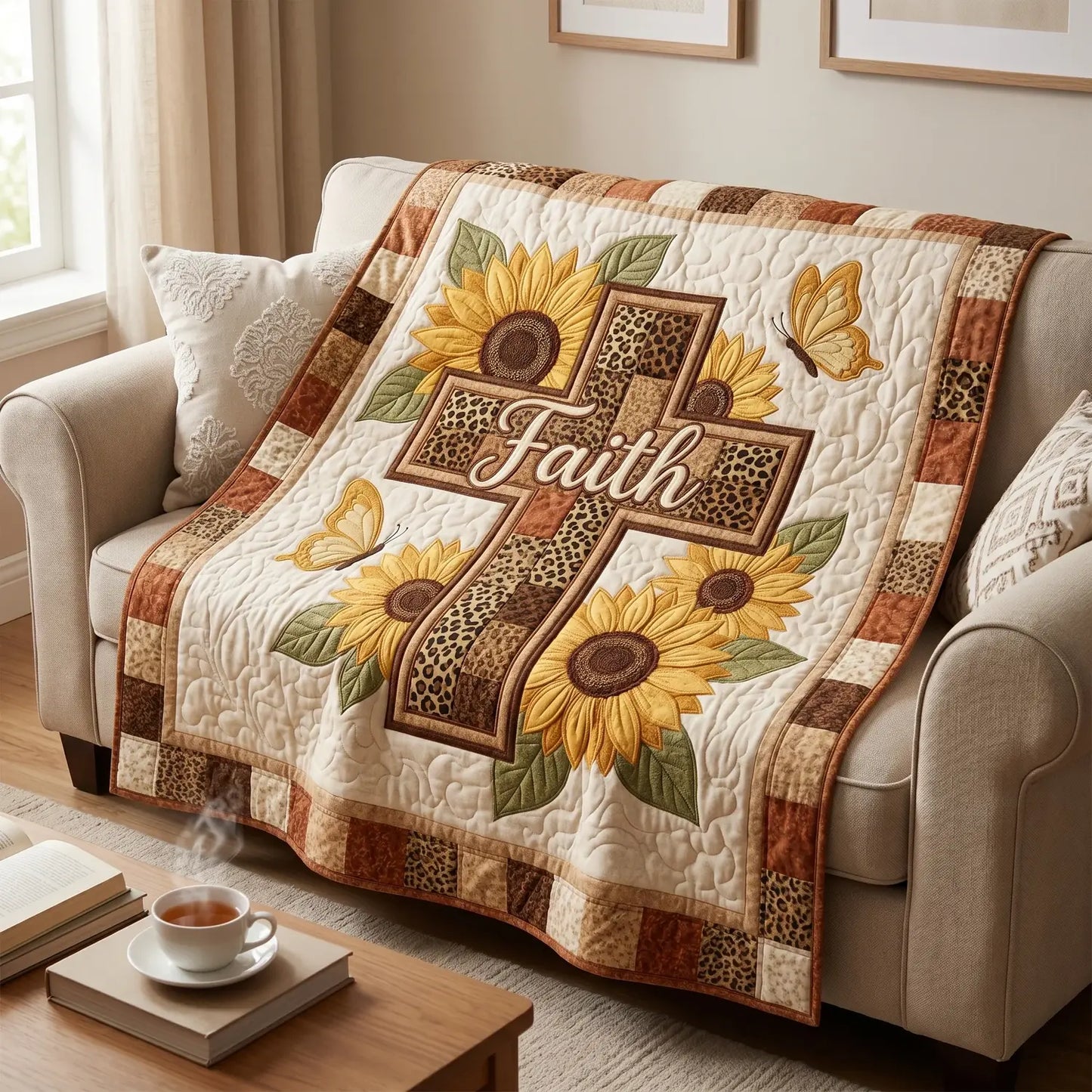 Leopard Cross Sunflower Quilt Blanket