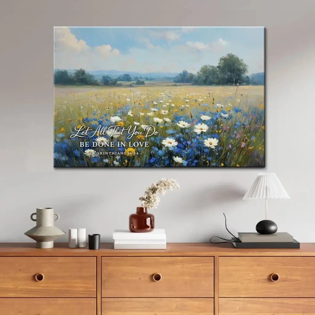 let all that you do be done in love 1 corinthians 16 14 bible verse wall art canvas (Landscape) (view 7)