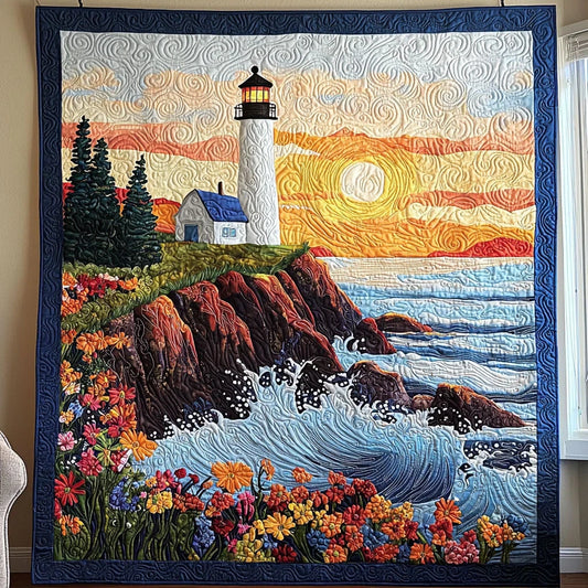Lighthouse And Flower Field Quilt Blanket