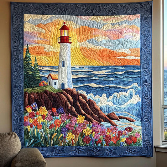 Lighthouse And Flower Field Quilt Blanket