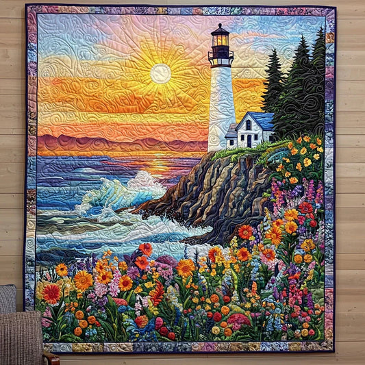 Lighthouse And Flower Field Quilt Blanket