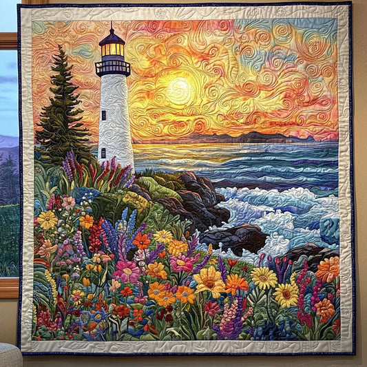 Lighthouse And Flower Field Quilt Blanket