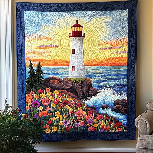 Lighthouse And Flower Field Quilt Blanket