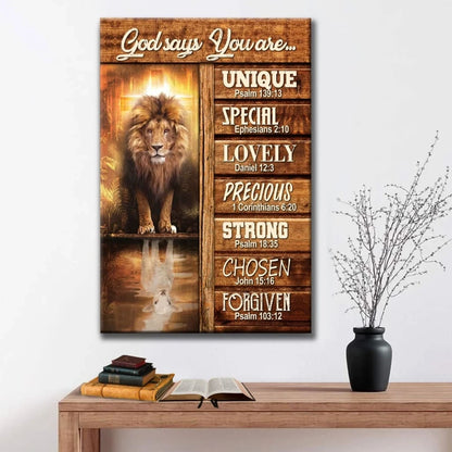 god says you are bible verse canvas print lion and lamb picture (Landscape) (view 4)