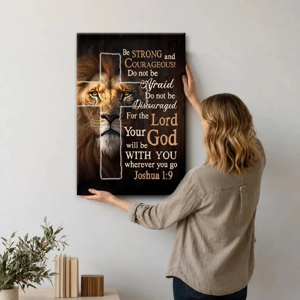 lion of judah joshua 1 9 be strong and courageous christian wall art canvas print (view 6)