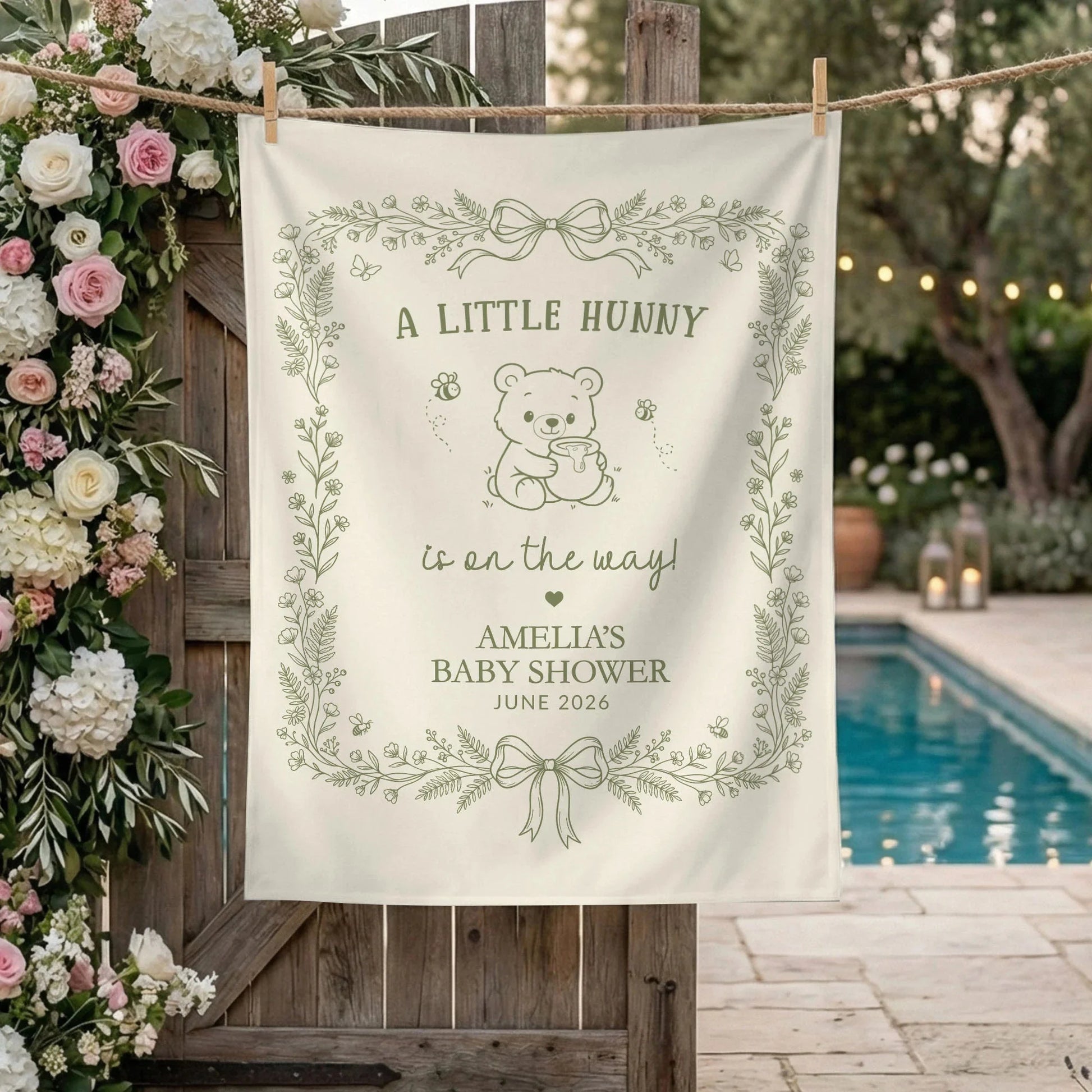 Little Hunny Baby Shower Banner Personalized Winnie Baby Shower Backdrop Custom Name Baby Shower Banner, baby shower decor