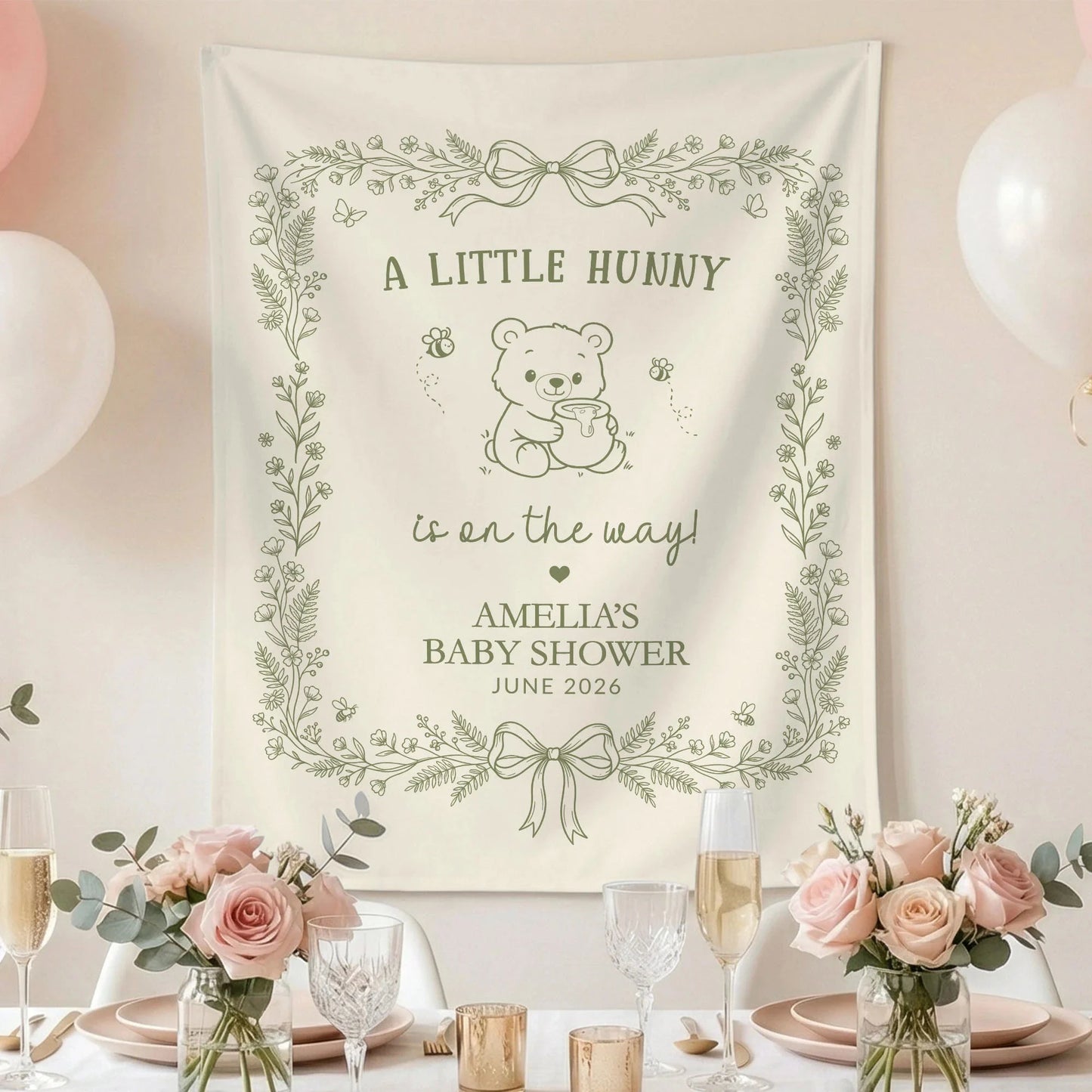 Little Hunny Baby Shower Banner Personalized Winnie Baby Shower Backdrop Custom Name Baby Shower Banner, baby shower decor