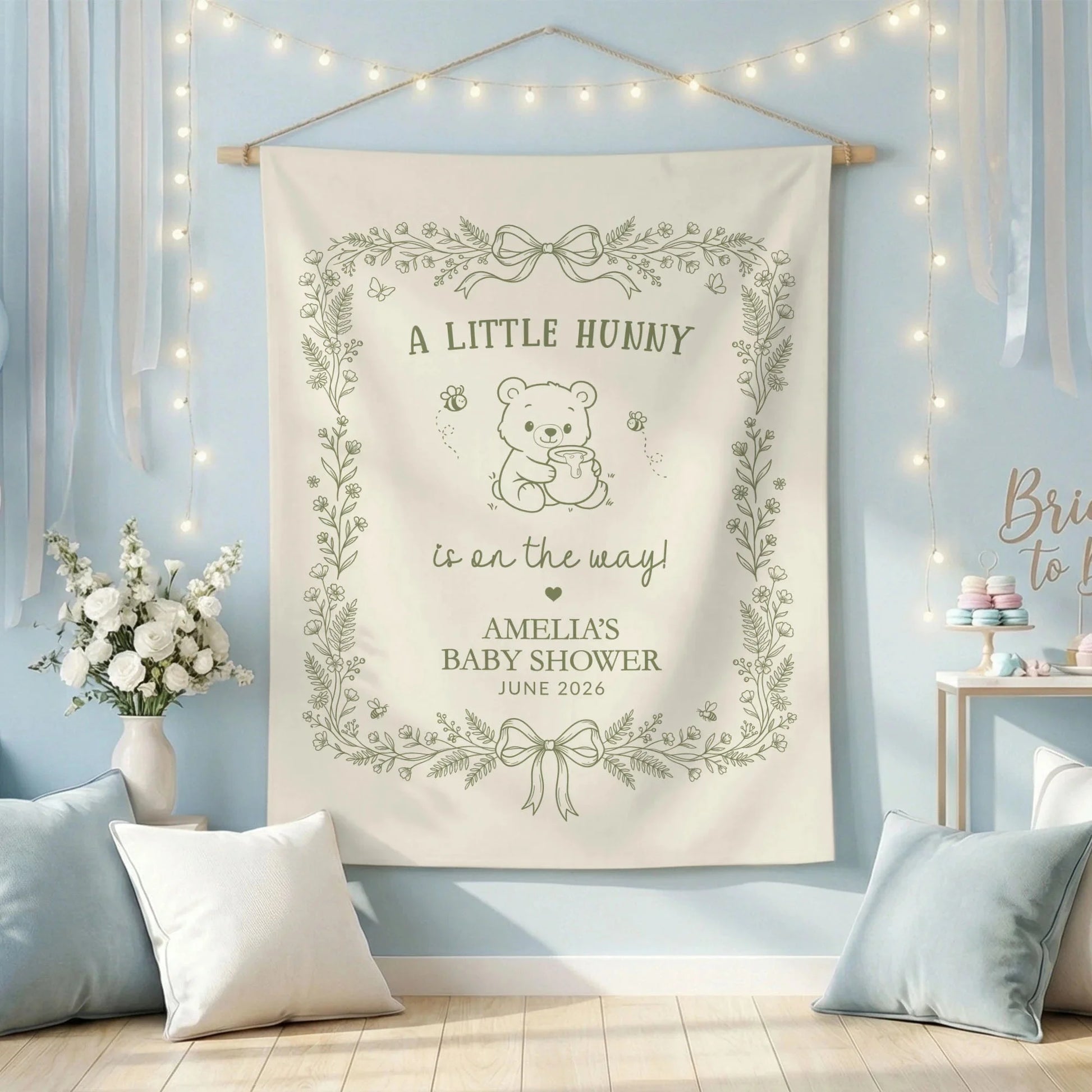 Little Hunny Baby Shower Banner Personalized Winnie Baby Shower Backdrop Custom Name Baby Shower Banner, baby shower decor