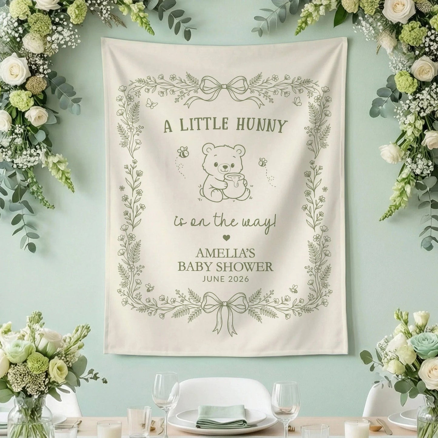 Little Hunny Baby Shower Banner Personalized Winnie Baby Shower Backdrop Custom Name Baby Shower Banner, baby shower decor
